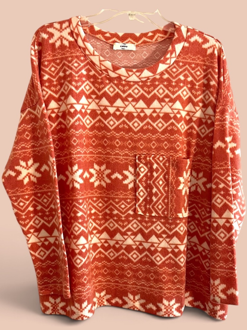 Entro Fair Isle Fleece Crewneck Pocket Pullover Top Size Small